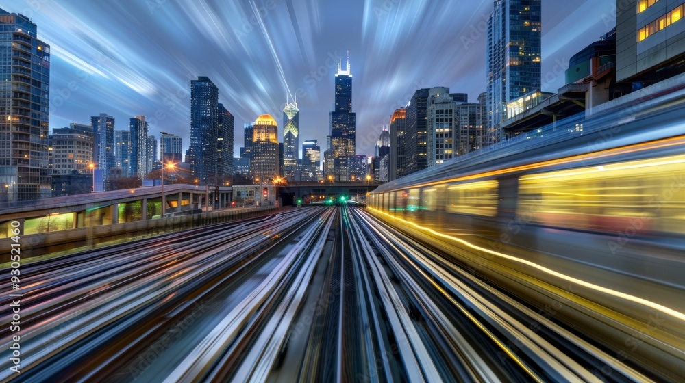 Obraz premium Urban skyline with light trails from fast-moving trains