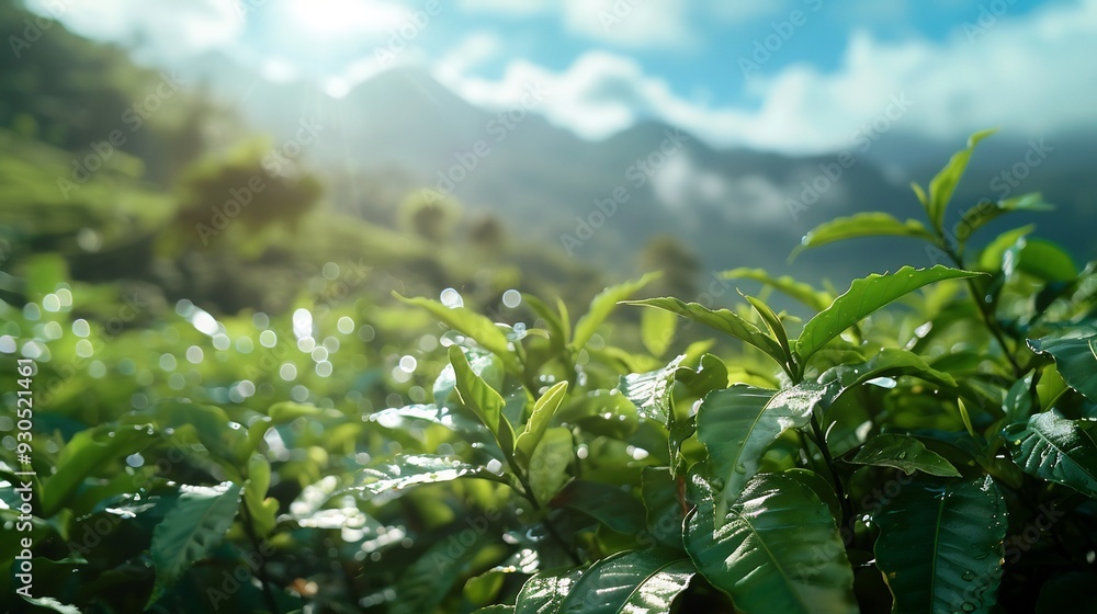 Lush Green Leaves in a Mountainous Landscape with Sunlight and Bokeh Lush Green Leaves in a Mountainous Landscape with Sunlight and Bokeh