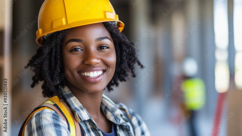 close up face black woman. portrait female african american engineer worker wearing yellow hard hat helmet working on construction site. close up face black woman. portrait female african american engineer worker wearing yellow hard hat helmet working on construction site.