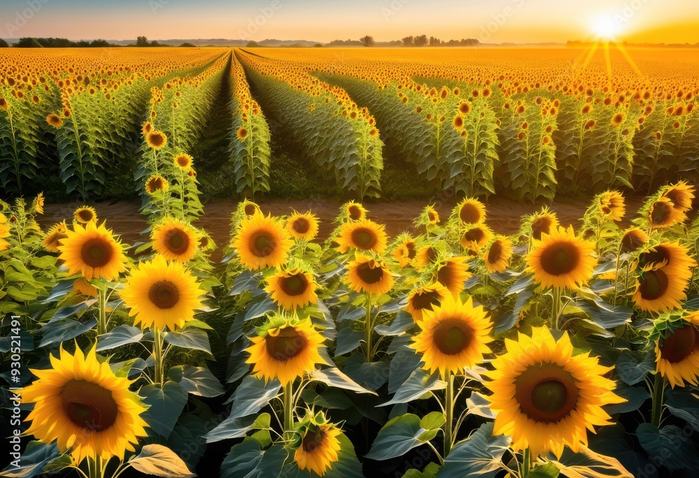 Fototapeta premium stunning vibrant sunflower field bathed warm sunrise light perfect sessions, nature, landscape, bloom, yellow, petals, sky, horizon, outdoor, garden
