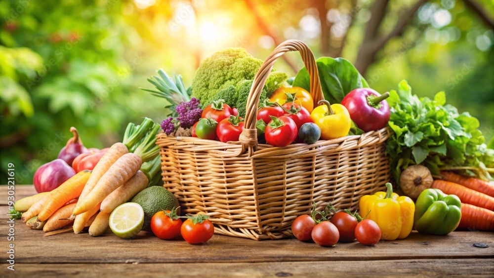 Fresh fruits and vegetables in a basket on a wooden table at a farmers market, promoting organic and healthy eating lifestyle Fresh fruits and vegetables in a basket on a wooden table at a farmers market, promoting organic and healthy eating lifestyle