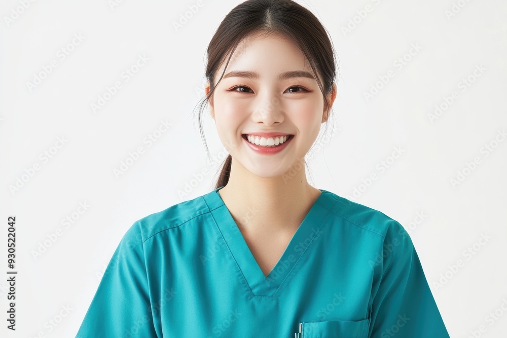 A young Asian nurse radiates positivity in teal scrubs, smiling with her hand in her pocket while looking at the camera against a white background. A young Asian nurse radiates positivity in teal scrubs, smiling with her hand in her pocket while looking at the camera against a white background.