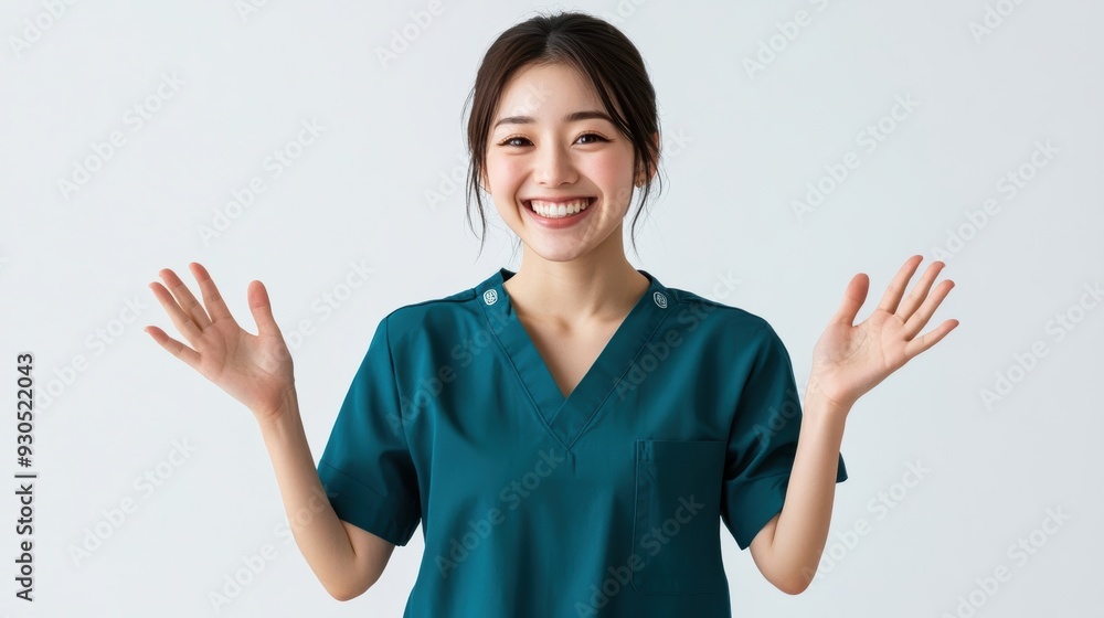 A young Asian nurse radiates positivity in teal scrubs, smiling with her hand in her pocket while looking at the camera against a white background. A young Asian nurse radiates positivity in teal scrubs, smiling with her hand in her pocket while looking at the camera against a white background.