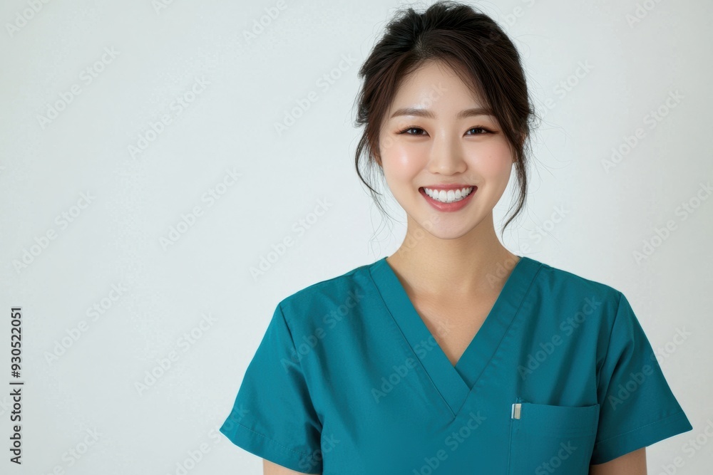 A young Asian nurse radiates positivity in teal scrubs, smiling with her hand in her pocket while looking at the camera against a white background. A young Asian nurse radiates positivity in teal scrubs, smiling with her hand in her pocket while looking at the camera against a white background.