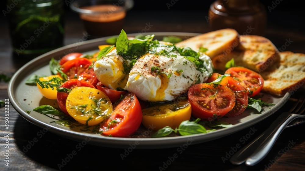 Burrata Salad with Heirloom Tomatoes. Best For Banner, Flyer, and Poster Burrata Salad with Heirloom Tomatoes. Best For Banner, Flyer, and Poster