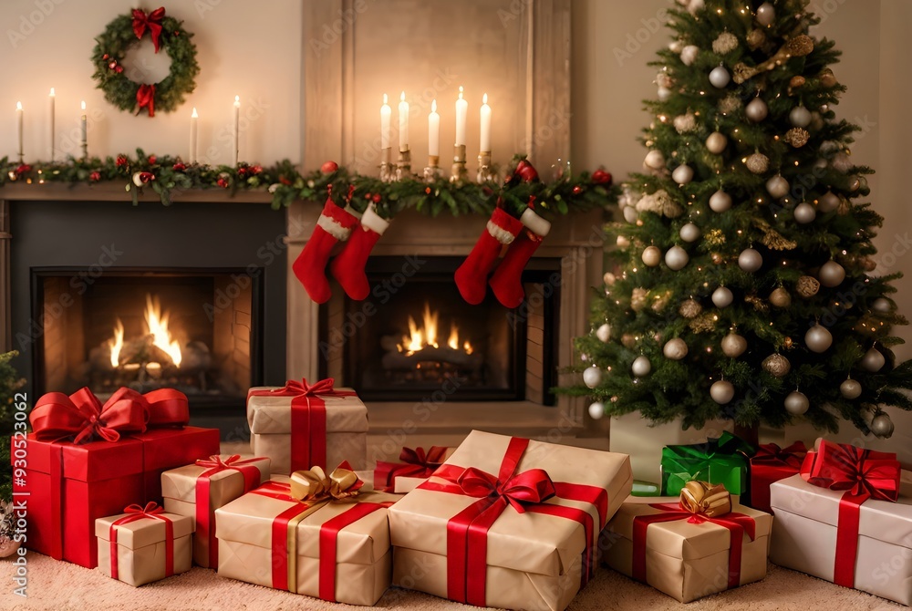 Φωτογραφία 暖炉の前に飾られたクリスマスツリーとプレゼント、クリスマスのお祝いイメージ