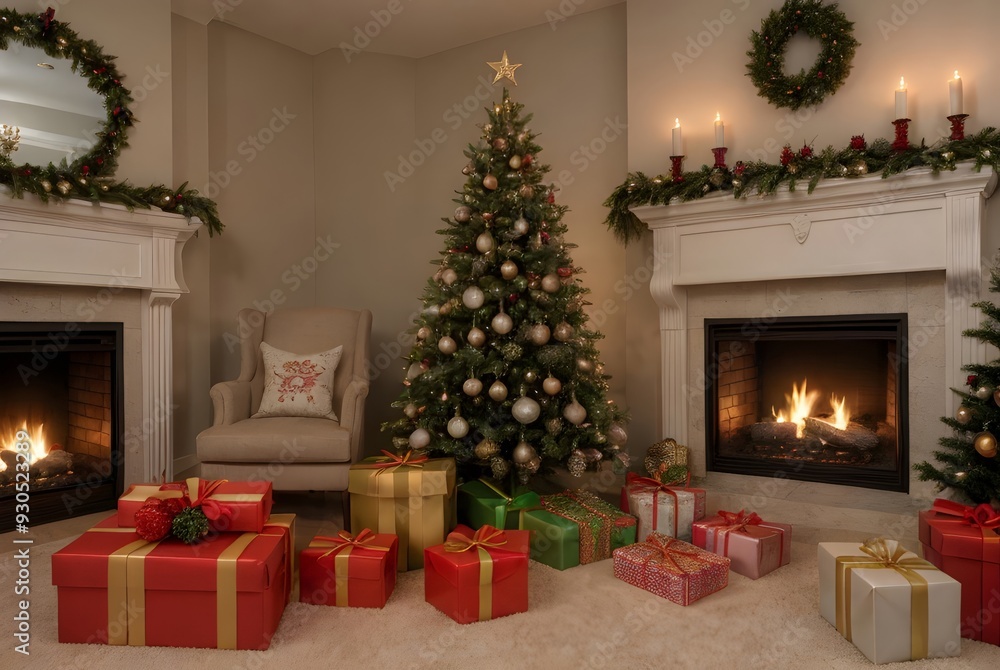 暖炉の前に飾られたクリスマスツリーとプレゼント、クリスマスのお祝いイメージ 暖炉の前に飾られたクリスマスツリーとプレゼント、クリスマスのお祝いイメージ