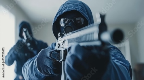 Masked armed men in tactical gear aiming rifles indoors