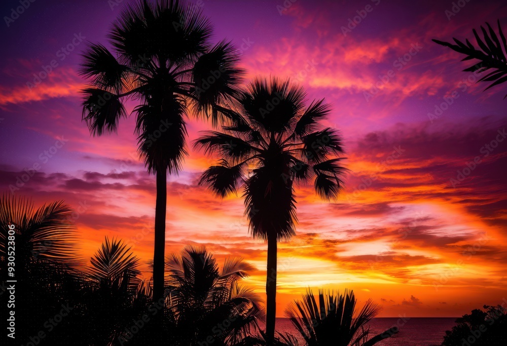 Fototapeta premium tropical palm silhouette framed breathtaking sunset backdrop vibrant colors striking contrast, sky, orange, yellow, clouds, landscape, scenery, exotic