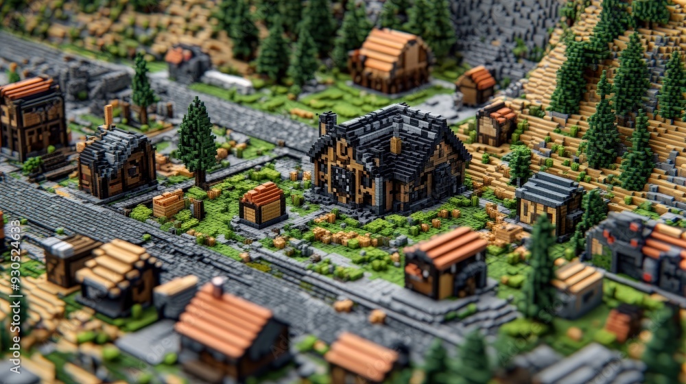 Fototapeta premium Miniature village model with houses and trees in fantasy setting