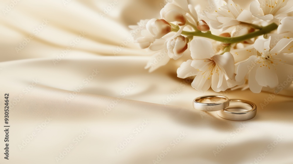 Gold wedding rings resting on smooth satin veil, adorned with delicate cherry blossoms, symbolizing love and new beginnings Gold wedding rings resting on smooth satin veil, adorned with delicate cherry blossoms, symbolizing love and new beginnings