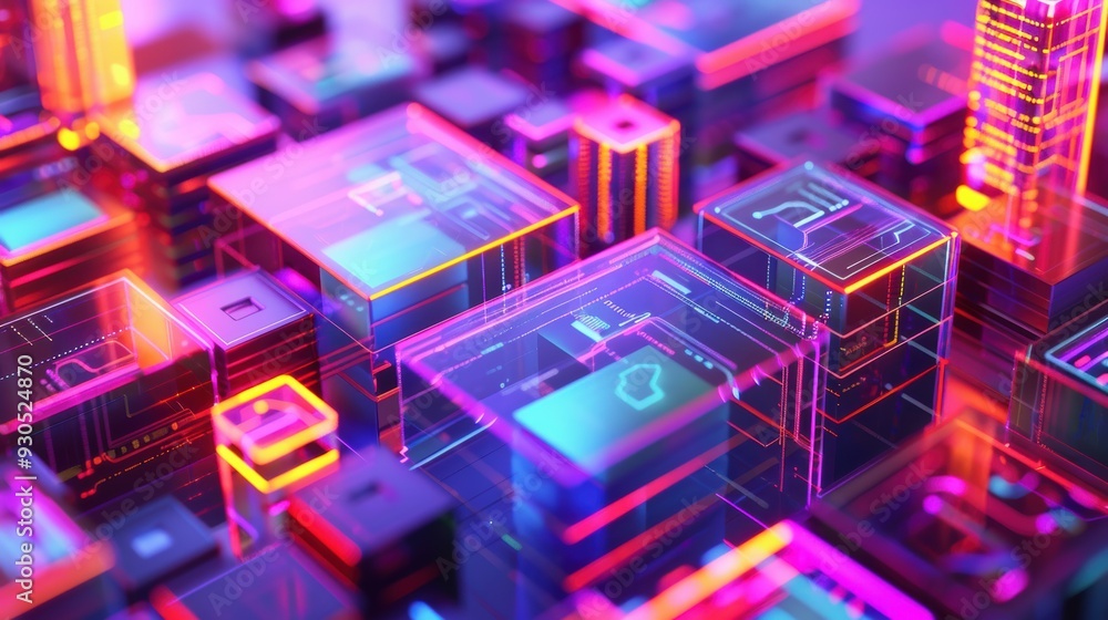 Colorful blocks in shades of pink and purple float against a neon blue backdrop, creating a vibrant and futuristic digital network. Colorful blocks in shades of pink and purple float against a neon blue backdrop, creating a vibrant and futuristic digital network.