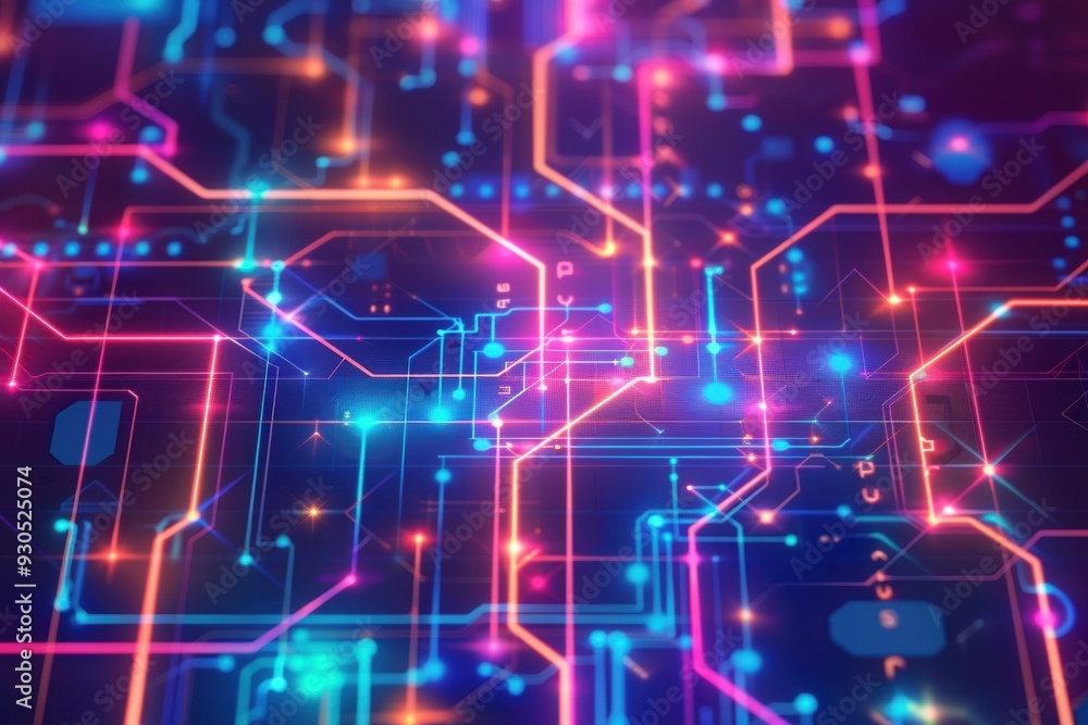 Colorful blocks in shades of pink and purple float against a neon blue backdrop, creating a vibrant and futuristic digital network. Colorful blocks in shades of pink and purple float against a neon blue backdrop, creating a vibrant and futuristic digital network.
