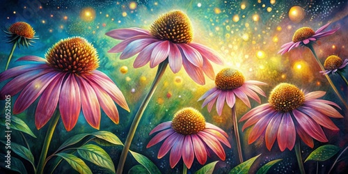 Fantasy ,Elegant and Beautiful Hand Drawn Surrealist Acrylic Painting  Flowers of Echinacea (Echinacea purpurea) , Small Light glowing effect and Gold Leaf effect of  particles photo