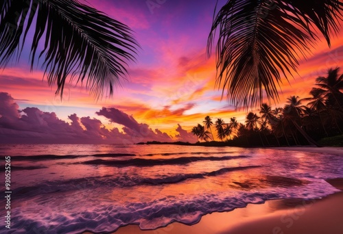 stunning palm silhouette vibrant sunset backdrop showcasing rich colors purple serene tropical landscape, orange, pink, sky, nature, light, evening, clouds