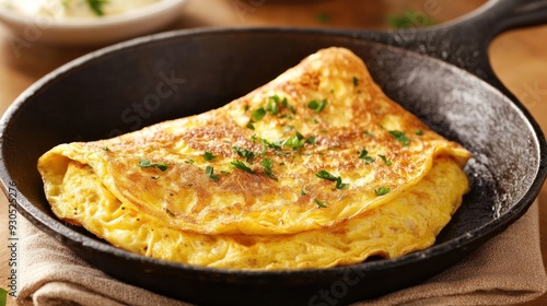 Golden Omelet with Fresh Parsley in Cast Iron Skillet photo