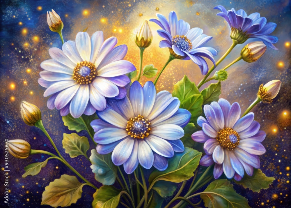 Fototapeta premium Fantasy ,Elegant and Beautiful Hand Drawn Surrealist Acrylic Painting Flowers of Cineraria (Pericallis x hybrida) , Small Light glowing effect and Gold Leaf effect of particles