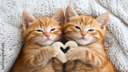 Two kittens are holding a heart shaped toy together, AI