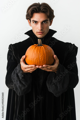 Man wearing a vampire costume on Halloween holding a pumpkin