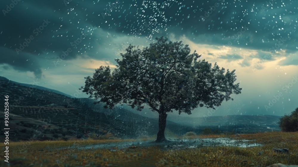 Rain pouring down on a lone tree, droplets splashing around, moody dark clouds Rain pouring down on a lone tree, droplets splashing around, moody dark clouds