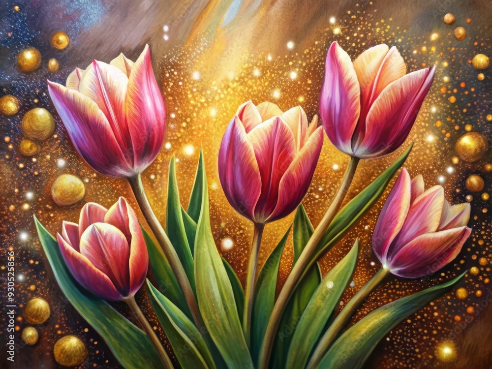 Fantasy ,Elegant and Beautiful Hand Drawn Surrealist Acrylic Painting Flowers of Tulip (Tulipa) , Small Light glowing effect and Gold Leaf effect of particles Fantasy ,Elegant and Beautiful Hand Drawn Surrealist Acrylic Painting Flowers of Tulip (Tulipa) , Small Light glowing effect and Gold Leaf effect of particles
