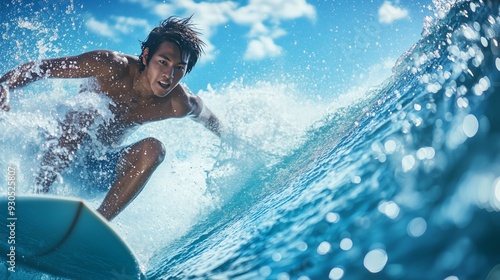 A young Asian man rides a vibrant aquamarine wave, sparkling droplets around him, exhilarated and focused. photo