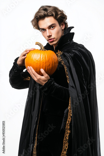 Man wearing a vampire costume on Halloween holding a pumpkin and a white background