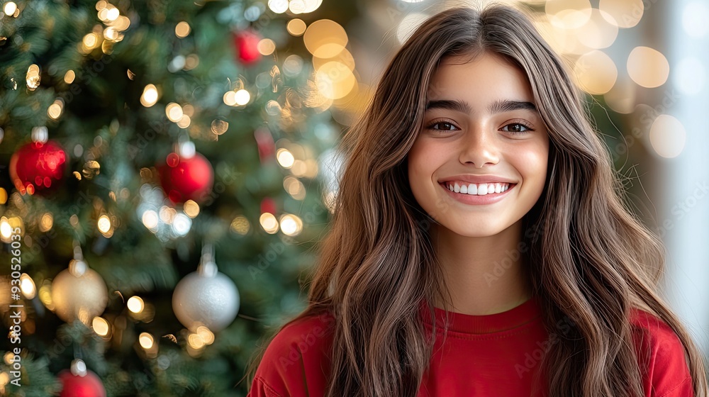 A cheerful woman with brown hair smiles warmly in a cozy setting decorated for Christmas, with a festive tree and wrapped gifts in the background A cheerful woman with brown hair smiles warmly in a cozy setting decorated for Christmas, with a festive tree and wrapped gifts in the background