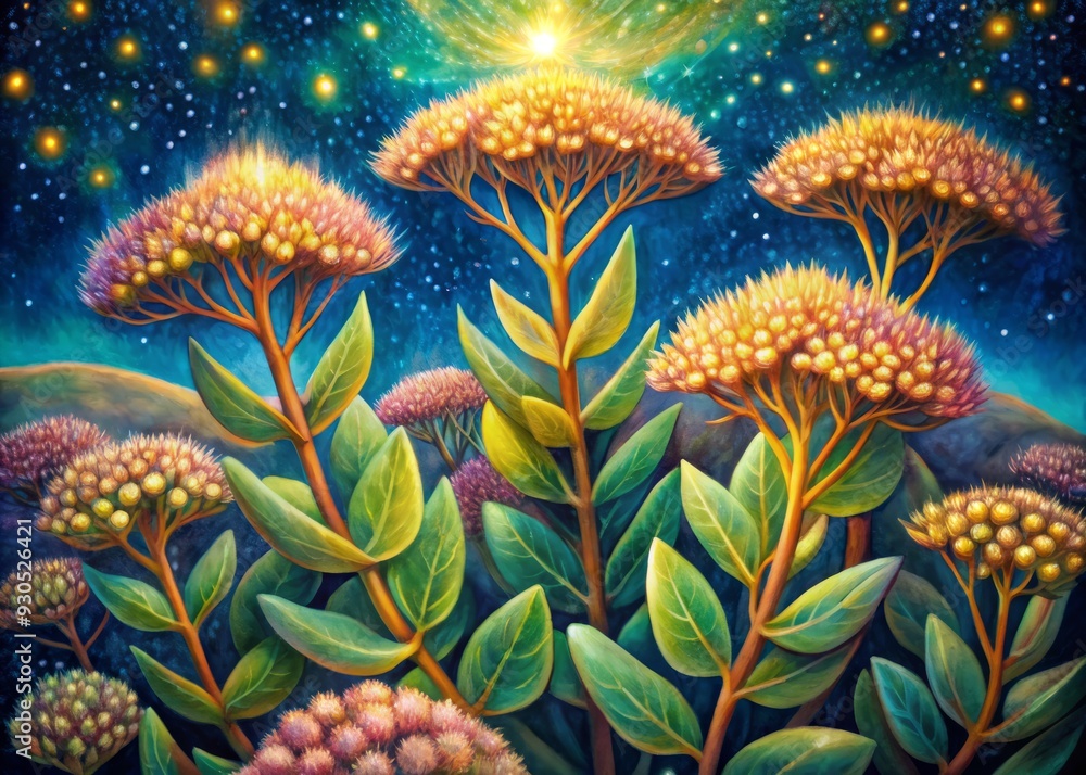 Fantasy ,Elegant and Beautiful Hand Drawn Surrealist Acrylic Painting Flowers of Sedum (Sedum spurium) , Small Light glowing effect and Gold Leaf effect of particles Fantasy ,Elegant and Beautiful Hand Drawn Surrealist Acrylic Painting Flowers of Sedum (Sedum spurium) , Small Light glowing effect and Gold Leaf effect of particles