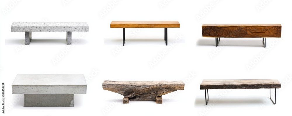 Set of wooden and concrete benches standing on white background Set of wooden and concrete benches standing on white background