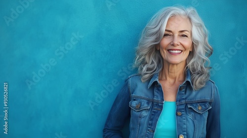 A confident senior woman in a denim outfit smiles against a vibrant blue background, radiating positivity.