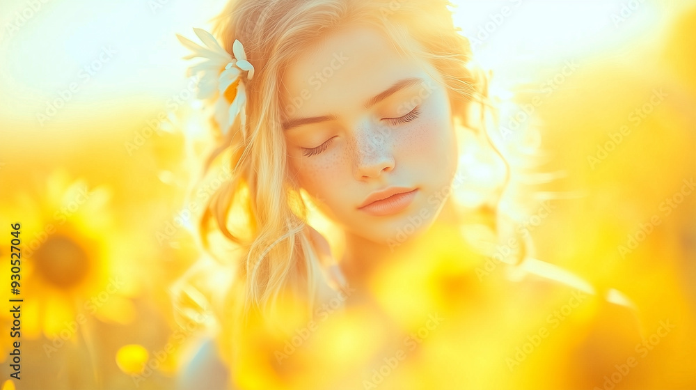 A teenage girl with vibrant, curly hair, standing in a sunlit field of wildflowers4 A teenage girl with vibrant, curly hair, standing in a sunlit field of wildflowers4