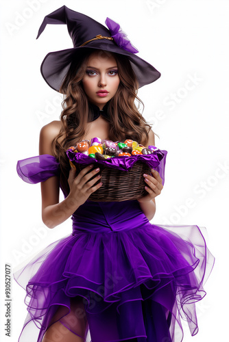 Woman wearing a witch costume on Halloween holding a basket of candy