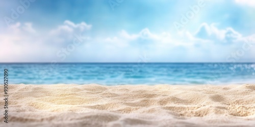 Serene beach scene with soft sand and a calm blue ocean under a bright sky, perfect for themes of relaxation, summer, and tranquility.