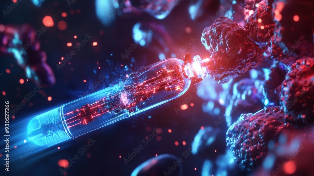 A nanobot travels through the bloodstream to deliver insulin molecules to targeted cells, showcasing advanced medical technology in action A nanobot travels through the bloodstream to deliver insulin molecules to targeted cells, showcasing advanced medical technology in action