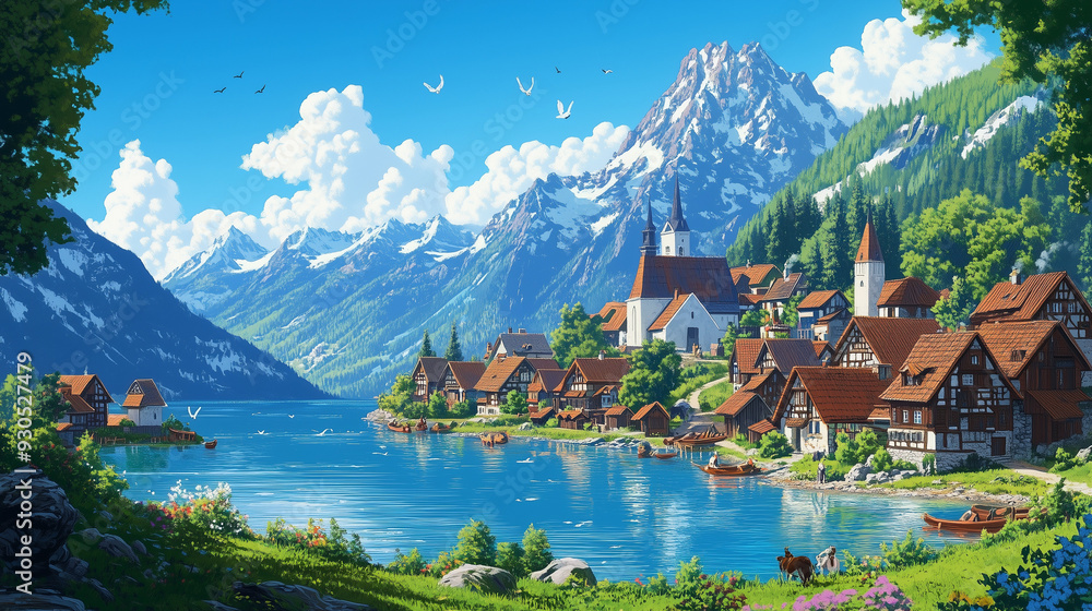 landscape with lake and mountains landscape with lake and mountains
