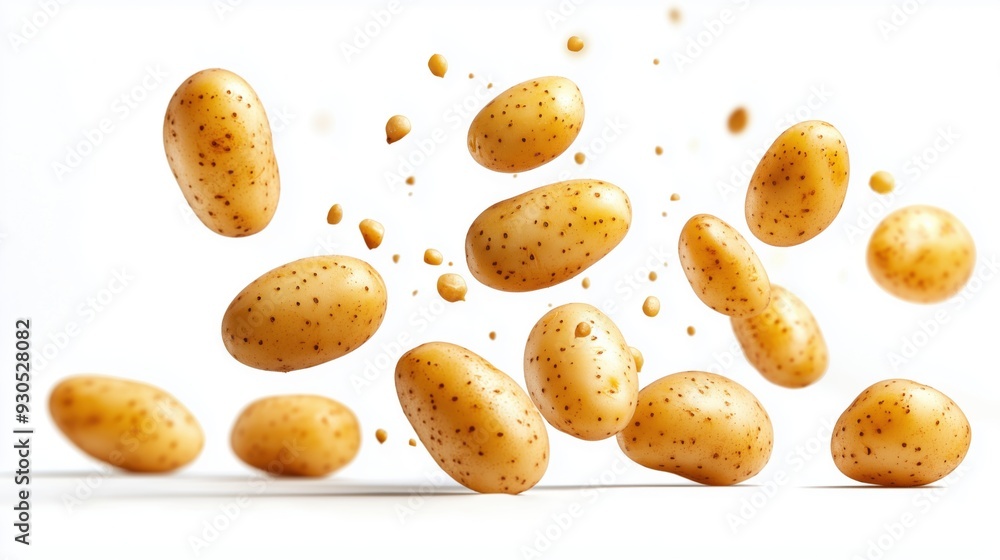 Falling potatoes, potatoes floating in mid-air isolated on a white background Falling potatoes, potatoes floating in mid-air isolated on a white background