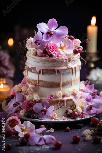 floral themed cake adorned with edible flowers and intricate icing designs; dessert photography; best for banners, flyer, and poster