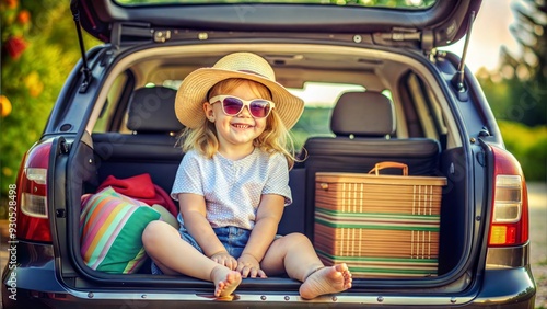 Happy little toddler girl wearing a straw hat, sunglasses and a basic shirt, sitting in a car trunk on a  summer day, surrounded by suitcases,  preschool kid ready for family holiday travel 