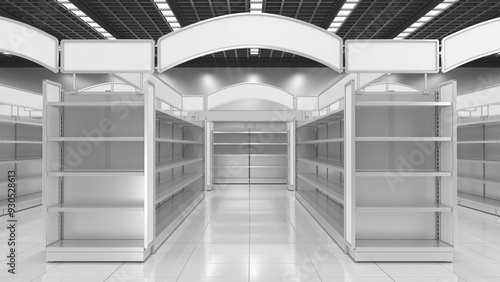 Obraz na płótnie Supermarket interior mockup with empty shelving with toppers and advertising aisle arches displays