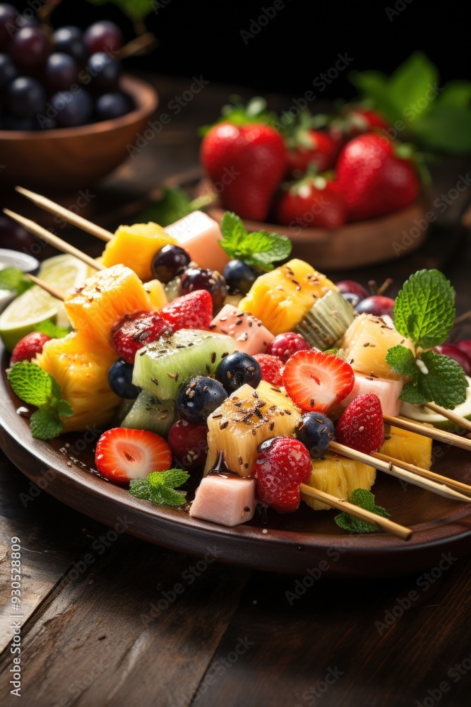 tropical fruit skewers; dessert photography; best for banners, flyers, and posters tropical fruit skewers; dessert photography; best for banners, flyers, and posters