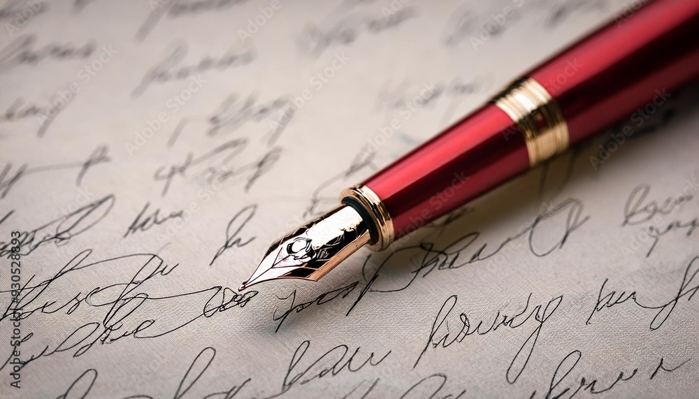 Fototapeta premium An elegant red fountain pen is displayed on a lightly scribbled sheet