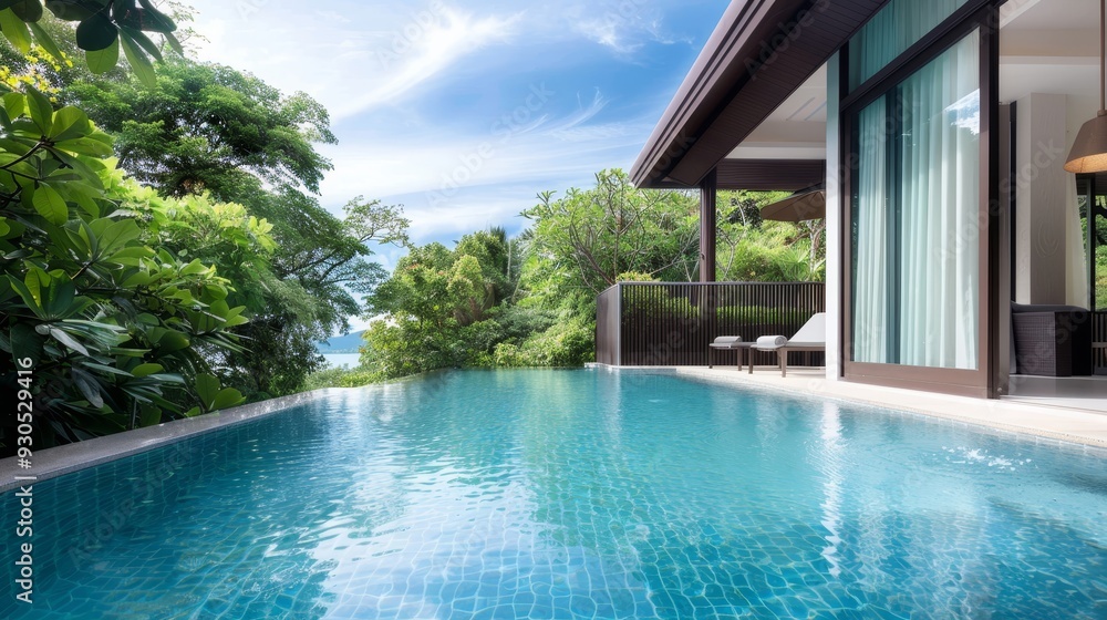 A large pool with a view of the ocean and trees A large pool with a view of the ocean and trees