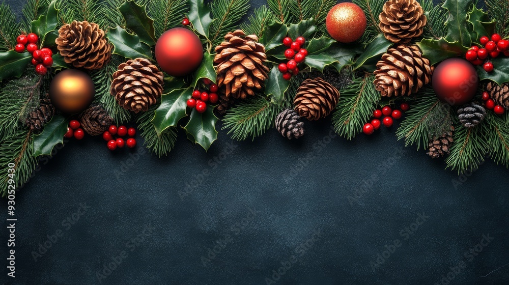 Christmas border design with fir branches and red berries Christmas border design with fir branches and red berries
