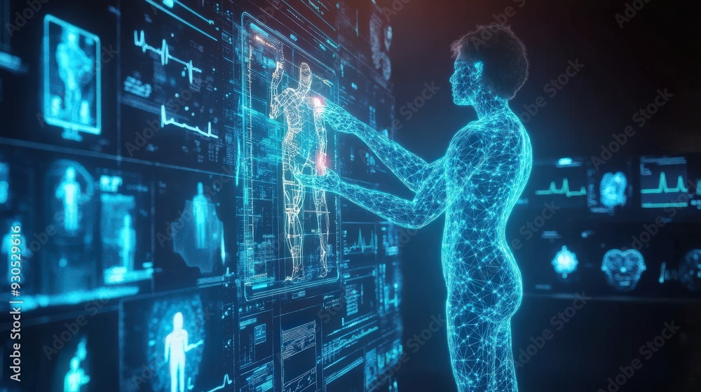 A person engages with a holographic display of health information and diagnostics in a sleek, modern environment A person engages with a holographic display of health information and diagnostics in a sleek, modern environment