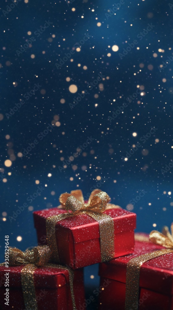Red christmas gift boxes with golden ribbon bow under snowfall Red christmas gift boxes with golden ribbon bow under snowfall