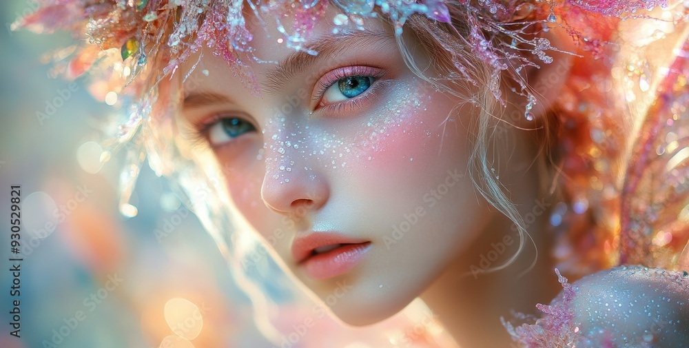 A fairy princess sparkles with iridescent makeup and beautifully painted wings and beautifully entwined with glowing fairy lights, creating a mesmerizing effect. A fairy princess sparkles with iridescent makeup and beautifully painted wings and beautifully entwined with glowing fairy lights, creating a mesmerizing effect.
