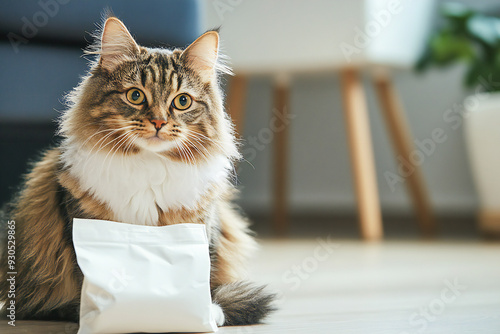 Cat sitting next to a clean white bag of pet food package