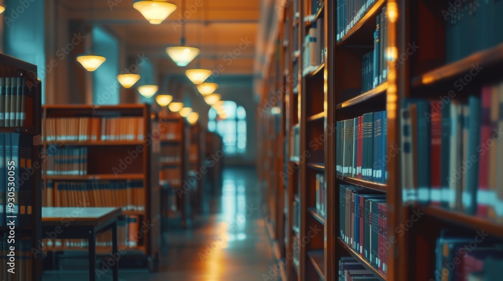 Brightly lit library with rows of bookshelves and study tables Brightly lit library with rows of bookshelves and study tables