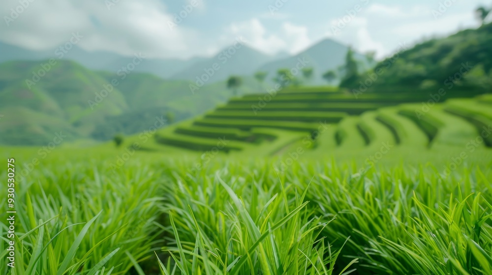 A beautiful green field with a mountain in the background A beautiful green field with a mountain in the background